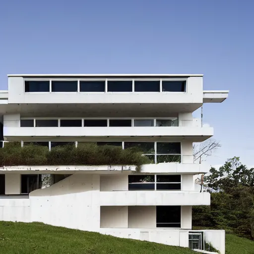 Image similar to second story elevated white brutalist home perched atop 2 equidistant separated large piers, double cantilevered design, large windows, elegant, white stone, proportion, golden ratio, epic composition, steel window mullions, cars parked underneath