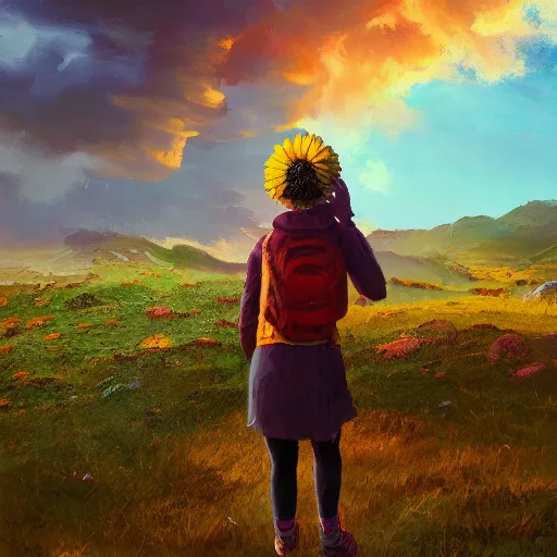 Image similar to giant daisy flower head, girl hiking in the mountains, surreal photography, sunrise, dramatic light, impressionist painting, colorful clouds, digital painting, artstation, simon stalenhag