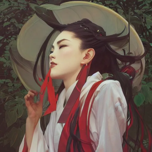 Prompt: shrine maiden miko, digital painting, artstation, concept art, smooth, sharp focus, illustration, art by artgerm and greg rutkowski, alphonse mucha, boris vallejo, george doutsiopoulos