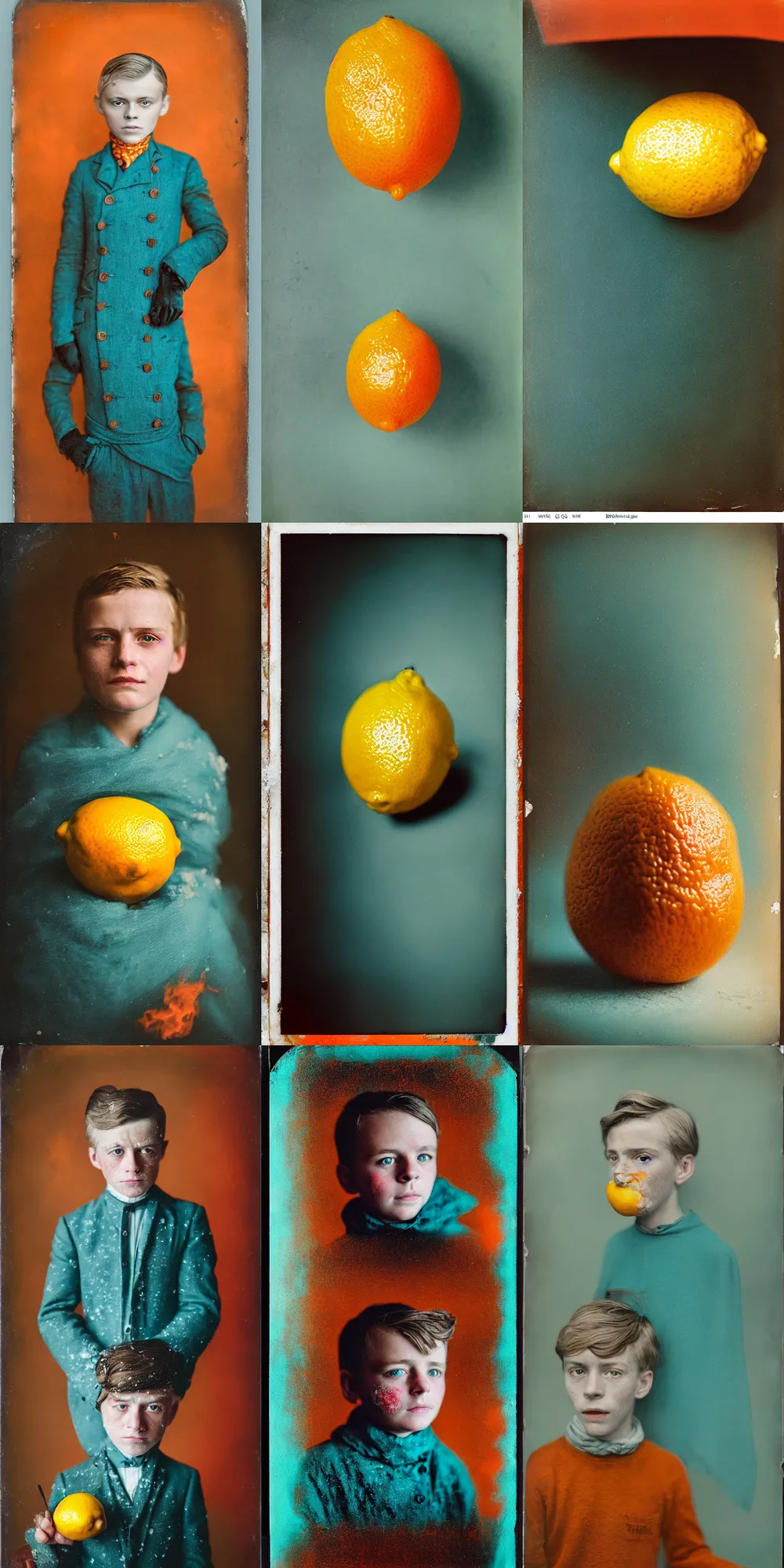 Prompt: kodak portra 4 0 0, wetplate, 8 k, shot of a highly detailed, britt marling style, colour still - life portrait of a lemon looks like a handsome marked by war 8 year old boy in a dangerous snow hell fire storm, 1 9 2 0 s cloth, 1 9 2 0 s hair, teal and orange, muted coloures