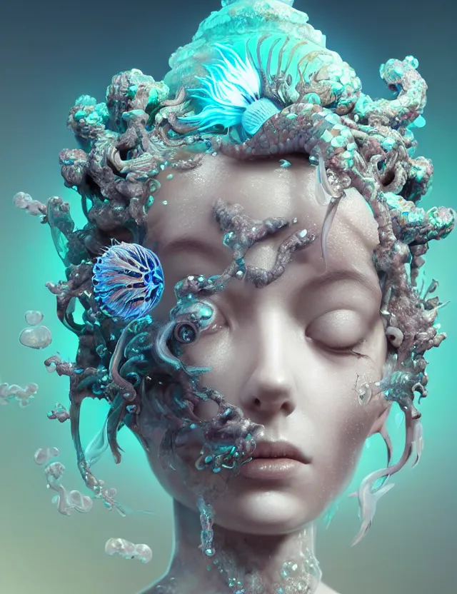 Image similar to 3 d goddess macro close - up portrait wigh crown made of ram skull. betta fish, jellyfish phoenix, bioluminiscent, plasma, ice, water, wind, creature, super intricate ornaments artwork by tooth wu and wlop and beeple and greg rutkowski