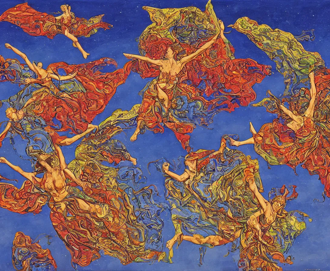 Image similar to two sacred angels fighting in the skies of seattle, gouache, stylised, by mati klarwein and moebius