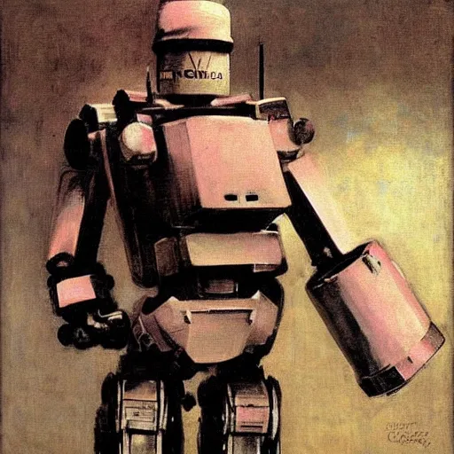 Prompt: ed 2 0 9 urban pacification war robot from robocop wearing a tutu and holding a pink martini. by gustave courbet and carl spitzweg
