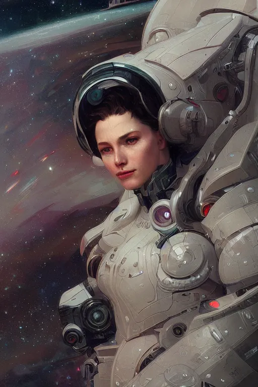 Prompt: A full portrait of a scifi heavy deep space freighter pilot, intricate, elegant, highly detailed, digital painting, artstation, concept art, smooth, sharp focus, illustration, art by Krenz Cushart and Artem Demura and alphonse mucha