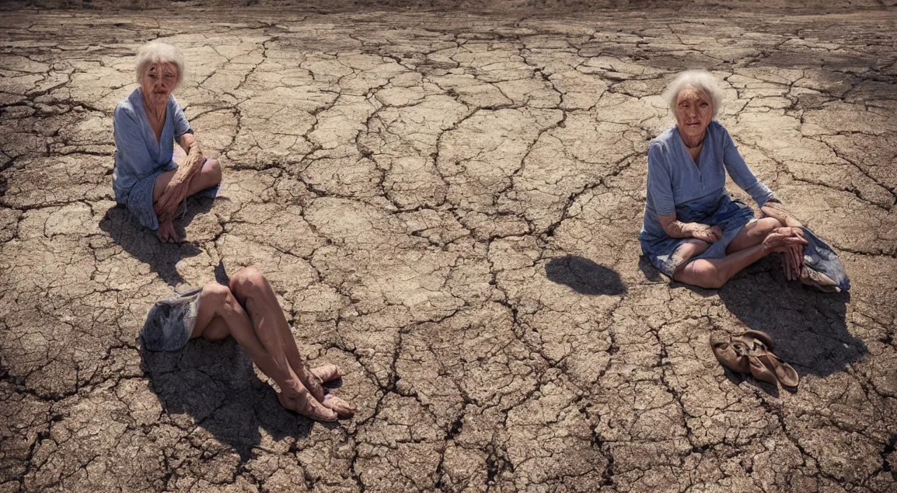 Prompt: 65-year-old Gaia crying unemotionally as she sits on a dried up river in a desolate land, blue sky, hot and sunny, highly-detailed, elegant, dramatic lighting, artstation, 4k, cinematic landscape, photograph by Elisabeth Gadd