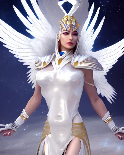 Prompt: perfect white haired egyptian goddess wearing white dove wings, warframe armor, regal, attractive, ornate, sultry, beautiful, charlize theron, half asian, pretty face, blue eyes, detailed, scifi platform, 4 k, ultra realistic, volumetric lighting, illuminated, cinematic, masterpiece, art by akihito tsukushi, voidstar