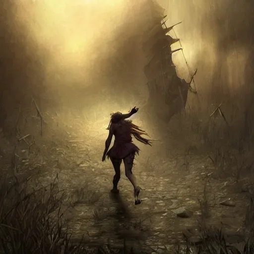 Image similar to epic portrait Two survivors running away from a zombie chase, apocalypic backround, atmospheric, digital painting, artstation, concept art, soft light, hdri, smooth, sharp focus, illustration, fantasy, intricate, elegant, highly detailed, D&D, matte painting, in the style of Greg Rutkowski and Alphonse Mucha and artemisia, 8k, highly detailed, jurgens, rutkowski, bouguereau, pastoral, rustic, georgic