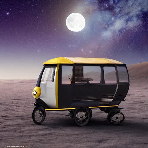 Image similar to a dark auto rickshaw traveling on the surface of the moon, moon craters, night sky, milky way, hard lighting, matte painting, concept art, 4k