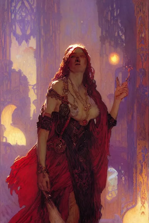 Prompt: scarlet moon sorcerer, character design, painting by gaston bussiere, craig mullins, greg rutkowski, alphonse mucha