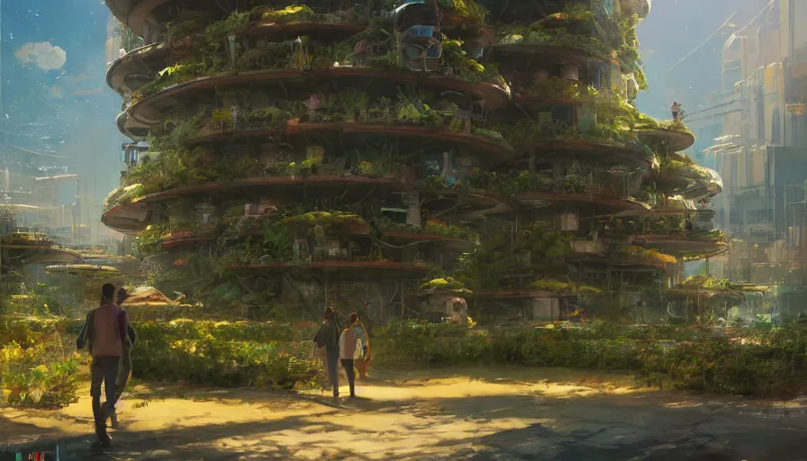 Image similar to craig mullins and ghibli digital illustration organized solarpunk tall vertical farms under an invisible force field, scifi hydroponics, astrophotography, colorful, unreal engine, hyper realism, realistic shading, cinematic composition, realistic render, octane render, detailed textures, photorealistic, wide shot