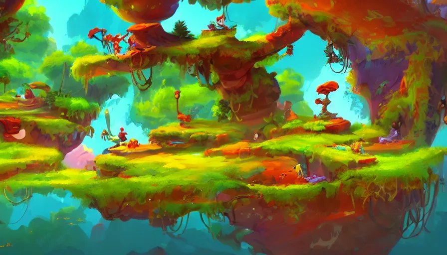 Image similar to landscape painting for animation in the style of rayman game, environment design, lively, joyful, colorful, jungles, cities, highly detailed