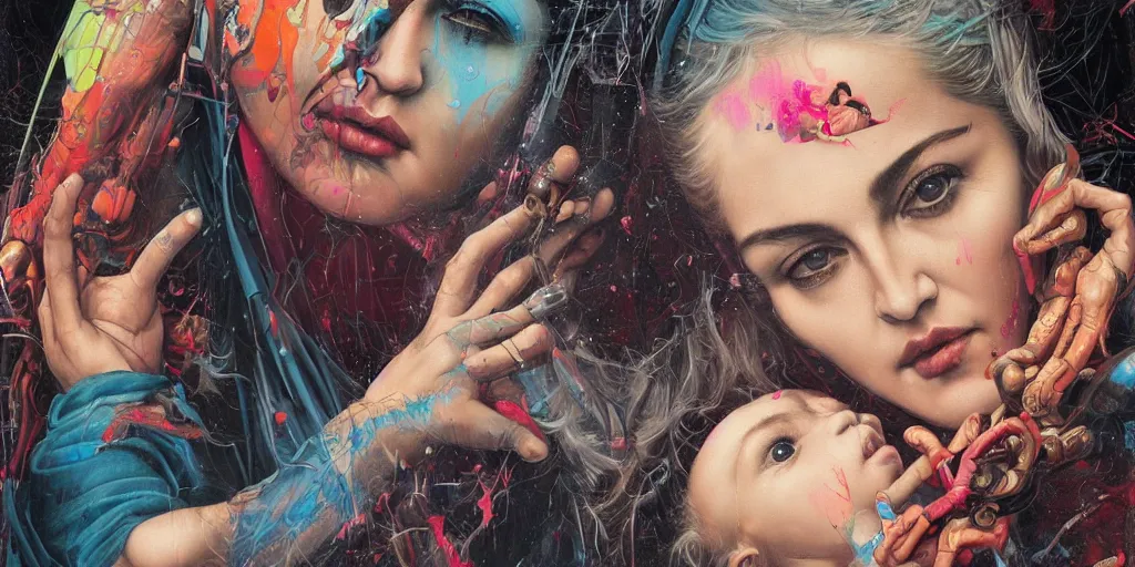 Prompt: portrait of Madonna and Child ,8k,by tristan eaton,Stanley Artgermm,Tom Bagshaw,Greg Rutkowski,Carne Griffiths, Ayami Kojima, Beksinski, Giger,trending on DeviantArt,face enhance,hyper detailed,minimalist,cybernetic, android, blade runner,full of colour, super detailed