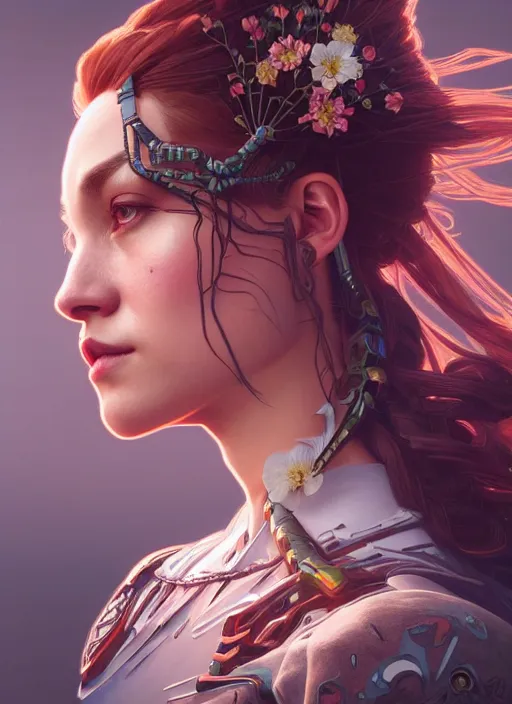 Image similar to symmetry!! portrait of floral! horizon zero dawn machine, intricate, elegant, highly detailed, digital painting, artstation, concept art, smooth, sharp focus, illustration, art by artgerm and greg rutkowski and alphonse mucha, 8 k