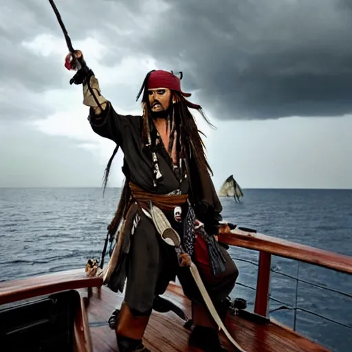 Image similar to jack sparrow on the black pearl looking out on an endless dark ocean with an ominous thunder cloud coming towards to the ship