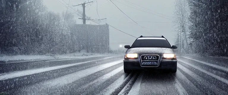Image similar to Audi A4 B6 Avant (2002), a gritty neo-noir, Eldritch horror, dramatic bright lighting, cinematic, establishing shot, extremely high detail, photorealistic, cinematic lighting, artstation, by simon stalenhag, Snowy italian road, Snowy Apennines, At night, Poets of the Fall - Late Goodbye