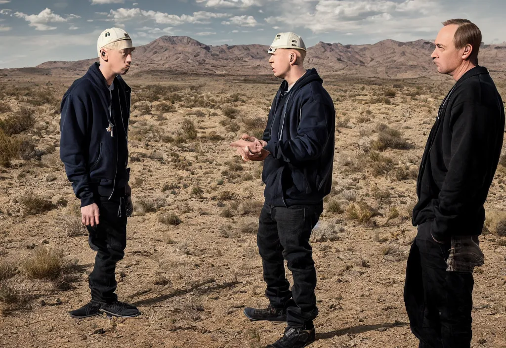 Image similar to eminem talking with saul goodman, studio photo, hdr, award winning photo, stunning scenery, 8 k, face focus