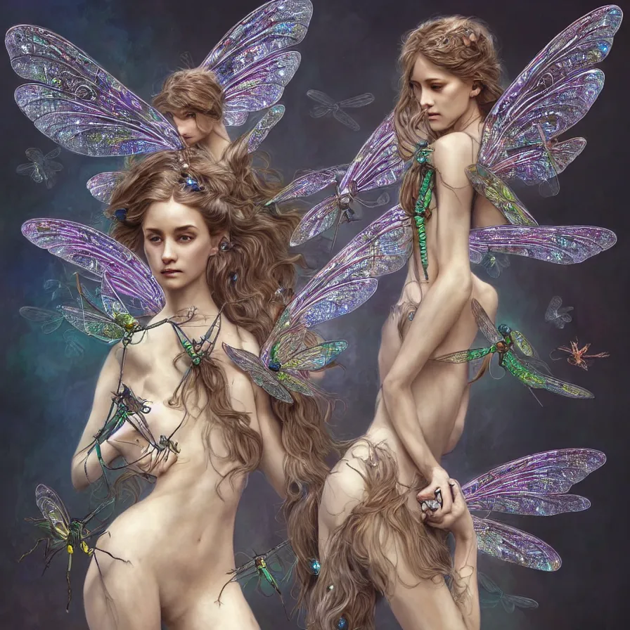 Image similar to organic cyborg fairy with dragonfly wing, crystal sculpture, fashion style, diffuse lighting, fantasy, intricate, elegant, highly detailed, lifelike, photorealistic, digital painting, artstation, illustration, concept art, smooth, sharp focus, by john collier and albert aublet and krenz cushart and artem demura and alphonse mucha.