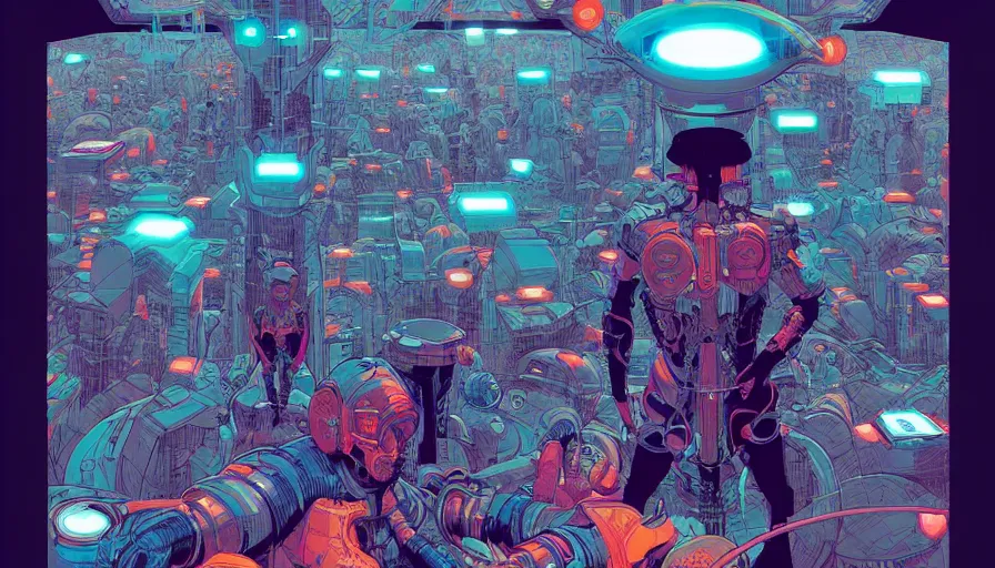 Image similar to the origine of cybertimes, metahumans, fractals, cyberpunk, visual development by james jean and josan gonzales, dynamic lighting