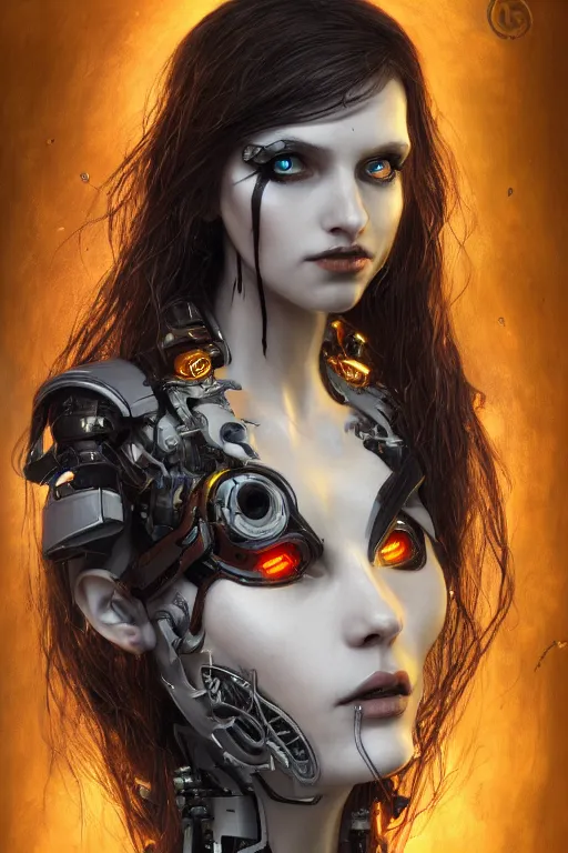 Image similar to portrait of beautiful young gothic cyborg maiden, cyberpunk, Warhammer, highly detailed, artstation, illustration, art by Gustav Klimt