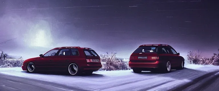 Image similar to Audi A4 B6 Avant (2002), a gritty neo-noir, dramatic bright lighting, cinematic, establishing shot, extremely high detail, photorealistic, cinematic lighting, artstation, by simon stalenhag, Snowy mountain road, At night