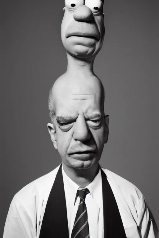 Image similar to extremely detailed studio portrait of man, 4 0 years, homer simpson lookalike, looks like a real life version of homer simpson, soft light, black background, fine skin details, award winning photo by yousuf karsh