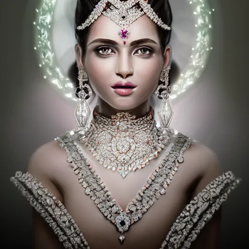 Image similar to portrait of wonderful hindi princess of white diamonds with fair skin, white flowers, ornate with white diamonds, 8 k, gorgeous, intricate, detailed, glowing white accent lighting, dramatic lighting, octane render