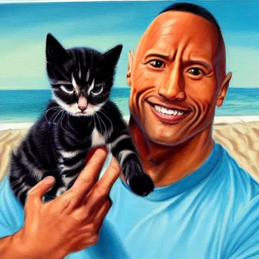 Prompt: dwayne johnson holding a kitten at the beach, oil painting