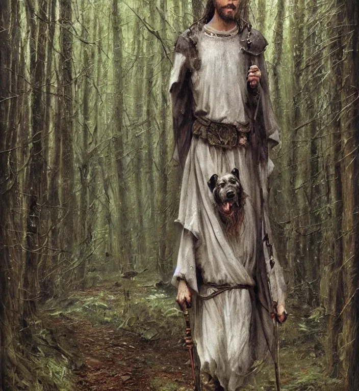 Image similar to slavic dog head man, woolen torso in medieval clothes, walking in the forest, orthodox saint christopher, art by luis royo, oil painting, painting by viktor vasnetsov, concept art, hyperrealism, beautiful, high resolution, trending on artstation,