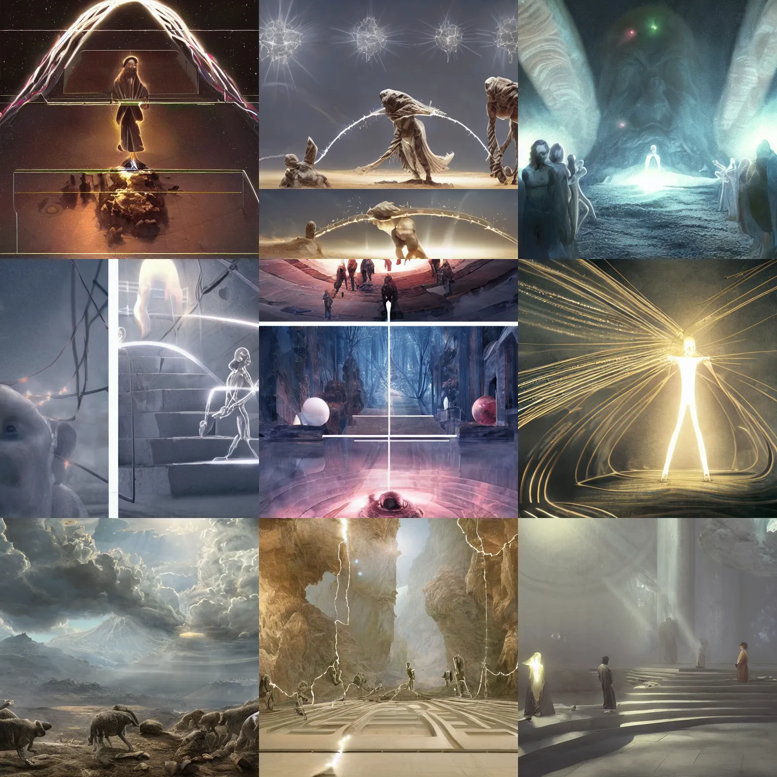 Image similar to main steps of evolution of life toward man, shown in line, under supervision of the looking lord, lord connects using a wire made of light, picture, raytracing, dreamy, sharp focus, cinematic lighting, highly detailed, artstation, divine, by gauthier leblanc, kazuya takahashi, huifeng huang, michael angelo