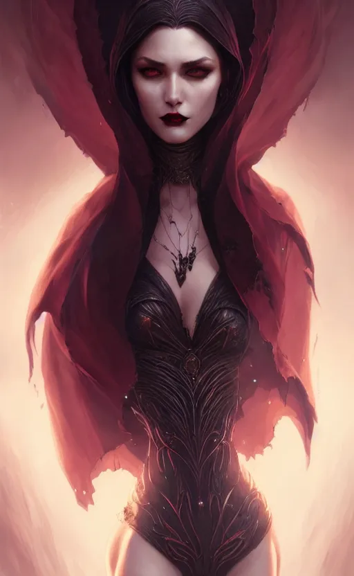 Image similar to desirable Vampire woman, fantasy, intricate, elegant, highly detailed, digital painting, artstation, concept art, matte, sharp focus, illustration, art by artgerm and Greg Rutkowski, dreadjim, zeen chin