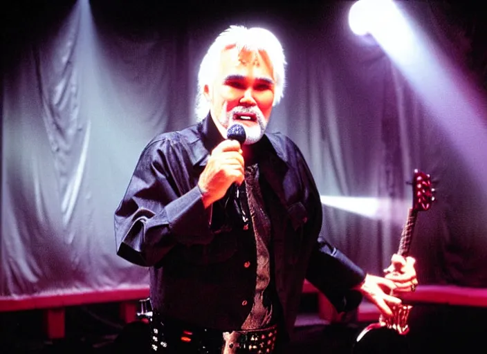 Prompt: publicity photo still of kenny rogers in cradle of filth playing live on stage, 8 k, live concert lighting, mid shot