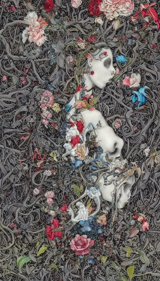 Image similar to life and death mixing together, by james jean,