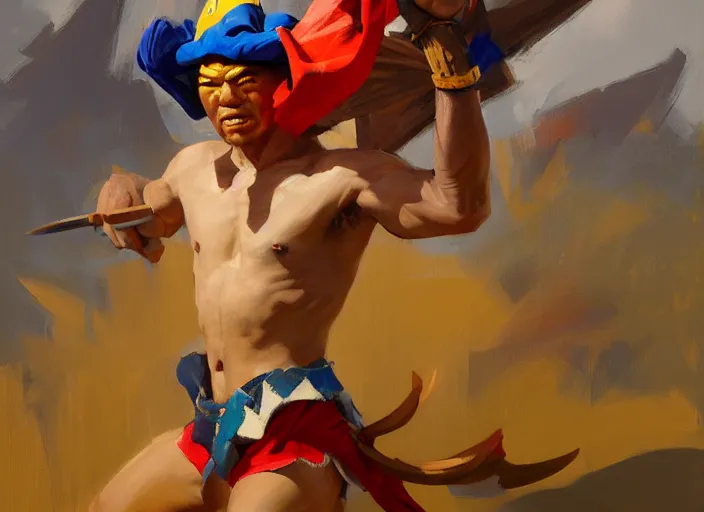 Prompt: greg manchess portrait of a filipino fighting wearing a jester hat in a victorious pose in an arena, organic painting, sunny day, matte painting, bold shapes, hard edges, street art, trending on artstation, by huang guangjian, gil elvgren, ruan jia, randy vargas, greg rutkowski