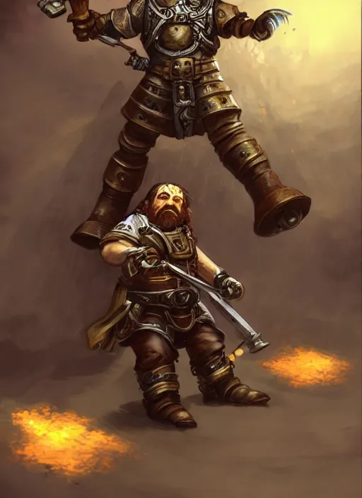 Prompt: a dwarf artificer holding a musket and riding on a giant robot, robot, golem, steampunk, fantasy art, chinese fantasy, dungeons and dragons, tabletop rpg, ghostblade, wlop.