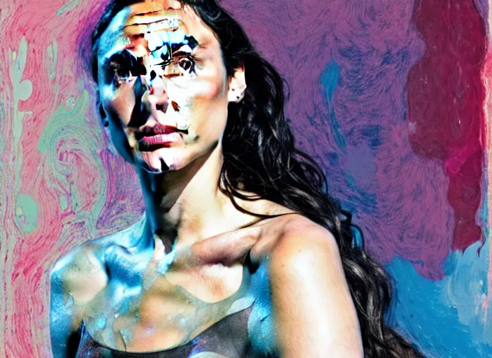 Prompt: portrait of gal gadot, by vincent lefevre and hernan bas and pat steir and hilma af klint, psychological, photorealistic, dripping paint, washy brush, rendered in octane, altermodern, masterpiece