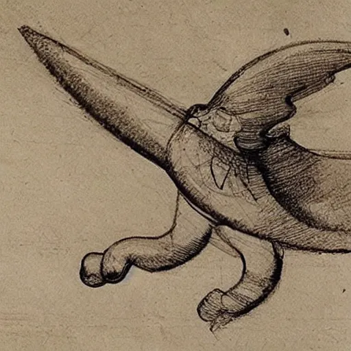 Prompt: leonardo da vinci sketch of a mechanical flying dachshund