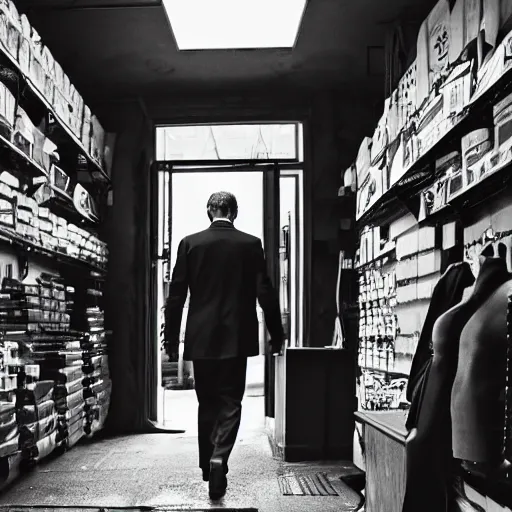 Image similar to a man wearing a black suit walking around in his shop by reg rutkowski