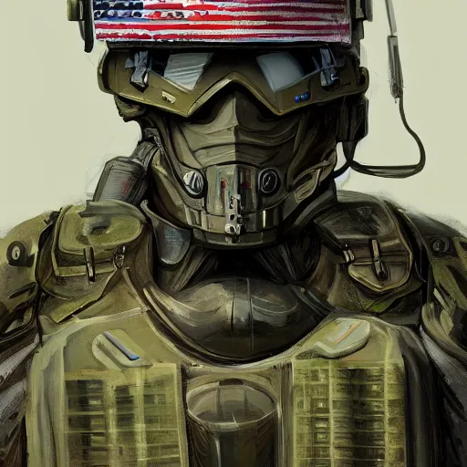 Image similar to Portrait of a futuristic soldier wearing American Army mechanized body armor carrying and American flag, D&D, Powerful, Patriotic, muscular, War, Olive drab, highly detailed, digital painting, artstation, concept art, smooth, sharp focus, illustration