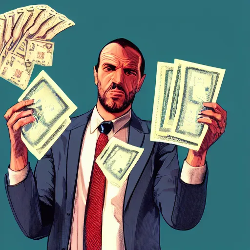 Image similar to a man holding a bunch of money to his face, gta loading screen, digital art,