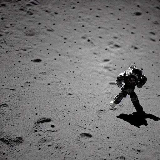 Prompt: space marine wearing armored space suit running into combat on the moon's surface, taken from a camera at eye level