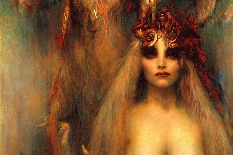 Image similar to portrait of the personification of the goddess of nightmares. art by gaston bussiere.