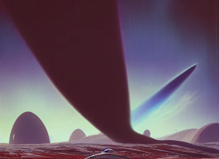 Prompt: a spaceship in a stunning landscape by john harris