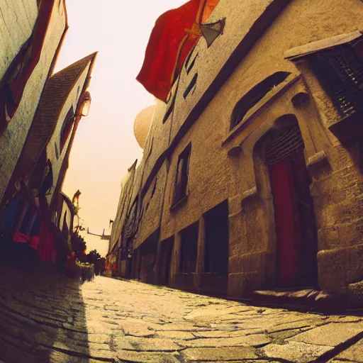 Prompt: 1 5 th century!!!!! town street, cinematic photography, fisheye!!!!! lens, ( ( ( ( ( worm's - eye view ) ) ) ) ), illustrated by max hay, artstation, cgsociety contest winner, dramatic lighting, vignette