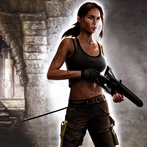 Image similar to lara croft, muddy face, examine diamond in awe, an film still, photorealistic