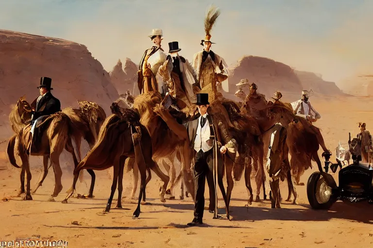 Image similar to portrait of a respectable dignified royal business elite politicians in top hats and coat tails riding on ostriches in the sahara desert throwing vanilla icecream cones at each other, art by anders zorn, wonderful masterpiece by greg rutkowski, beautiful cinematic light, american romanticism by greg manchess, jessica rossier