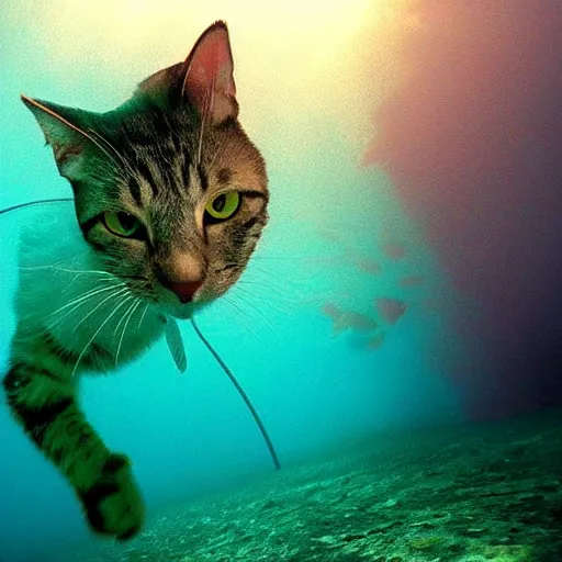 Image similar to high quality underwater photo of a cat scuba diver, wearing norkel mask!!