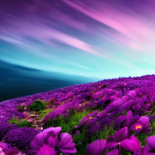 Image similar to Landscape photo of beautiful alien world, with purple skies and large flowers, wallpaper, 8k, award winning photo