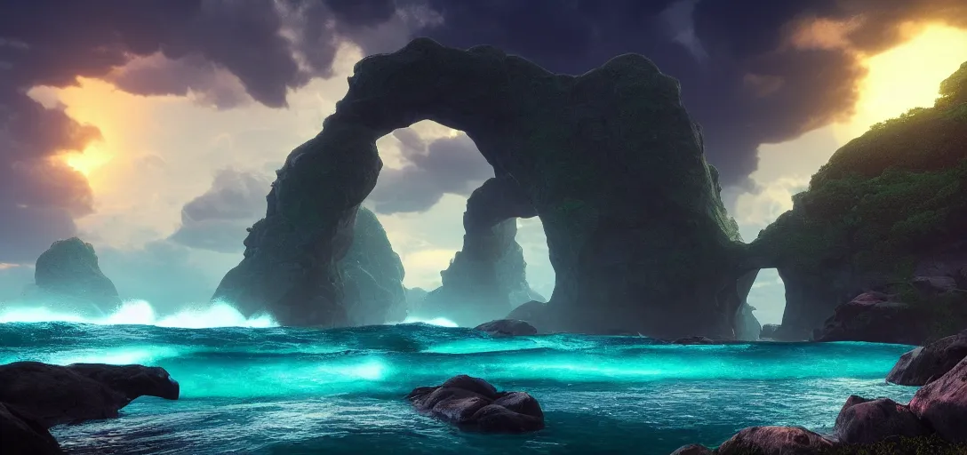 Prompt: beautiful view of a nighttime ocean waterfall, giant arch structures, waves, caustics, symmetry, floating rocks in the distance, unreal engine, dramatic lighting, ultra detailed, sharp, ambient occlusion, slight bloom, illumination, raytracing, vibrant, vivid colors, picturesque, by dylan cole and jordan grimmer