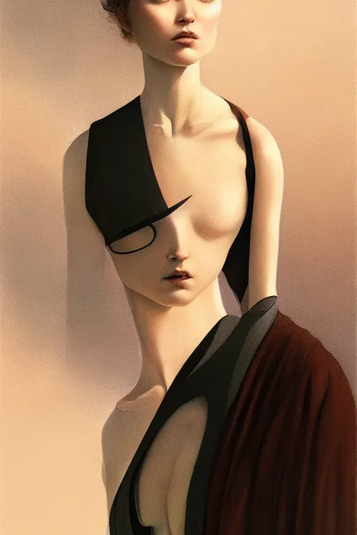 Image similar to futuristic clothing design, android mannequin character portrait, in the style of moebius, wlop, tom bagshaw, and waterhouse, cinematic lighting, beautiful, elegant, oil painting