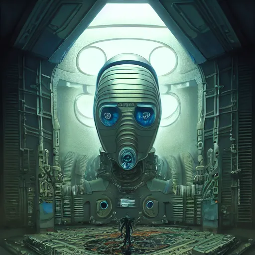 Image similar to low angle shot of a cyberpunk robot character inside a chernobyl room, intricate, elegant, highly detailed, centered, digital painting, artstation, concept art, smooth, sharp focus, illustration, artgerm, tomasz alen kopera, peter mohrbacher, donato giancola, joseph christian leyendecker, wlop, boris vallejo